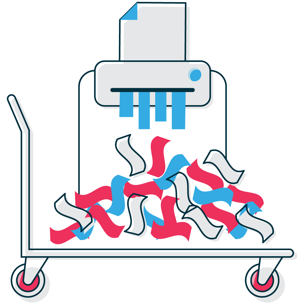Shredding graphic with typical items for shredding like sensitive information on files and folders both hard and soft copy.